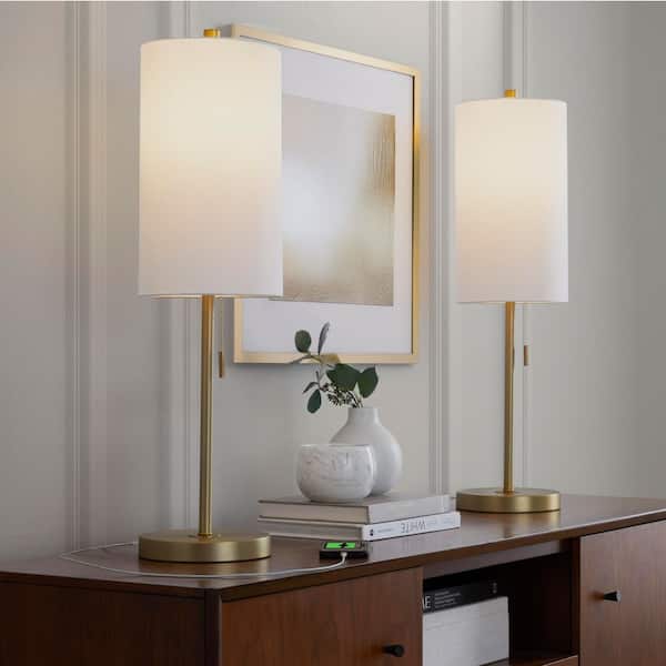 Bounty 31.75 in. Gold Metal and White Linen Buffet Lamp with USB Port (Set of 2)