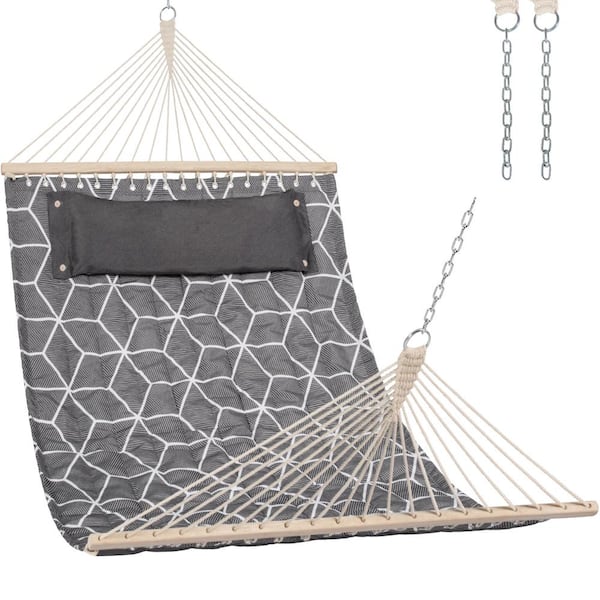 Unbranded Quilted Hammock with Spreader Bars and Detachable Pillow, 78.7" x 55" Large Hammock Bed, 450 LBS Capacity, Gray&White