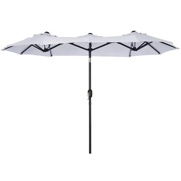 Zeus & Ruta 9.5 ft. x 5 ft. Steel Push-Up Patio Market Umbrella with Push Button Tilt and Crank, 3 Air Vents and 12 Ribs in White