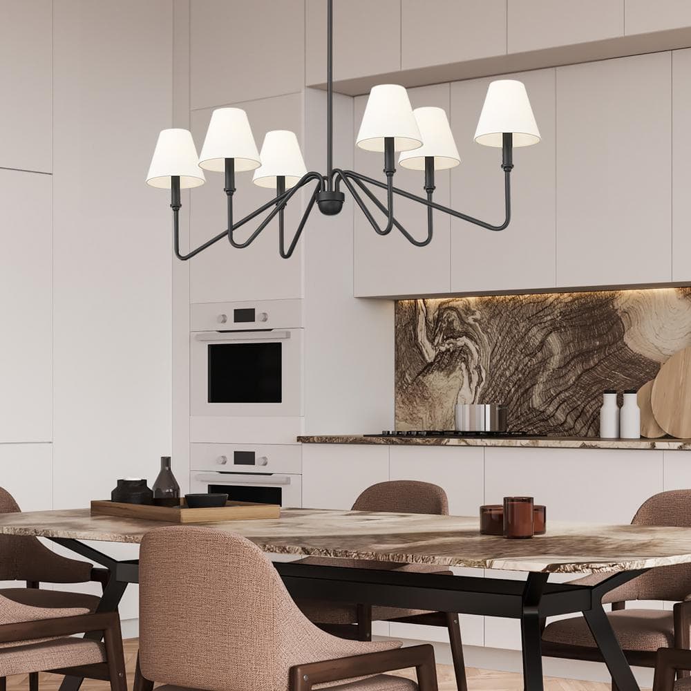 Kennedy Natural Black 6-Light Linear Pendant with Ivory Linen Shades