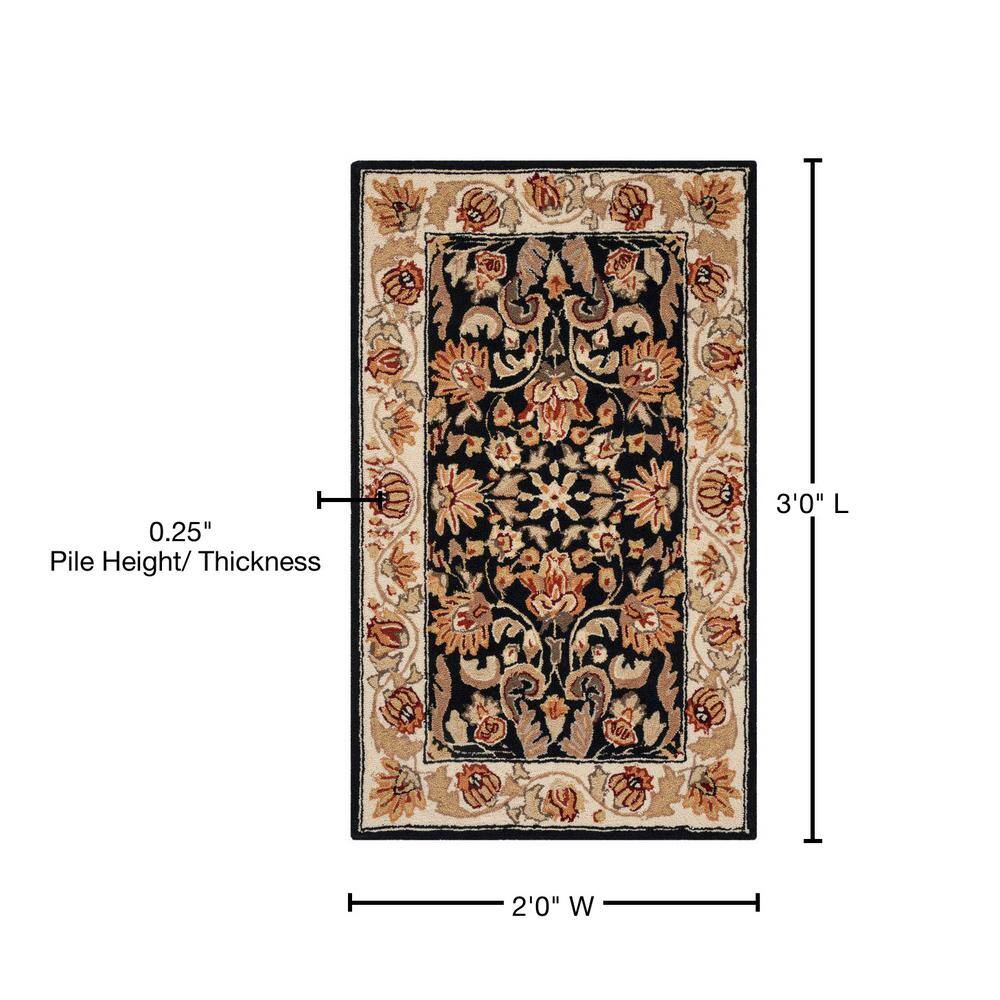 Black and Ivory Floral Hand-Hooked Rectangular Area Rug
