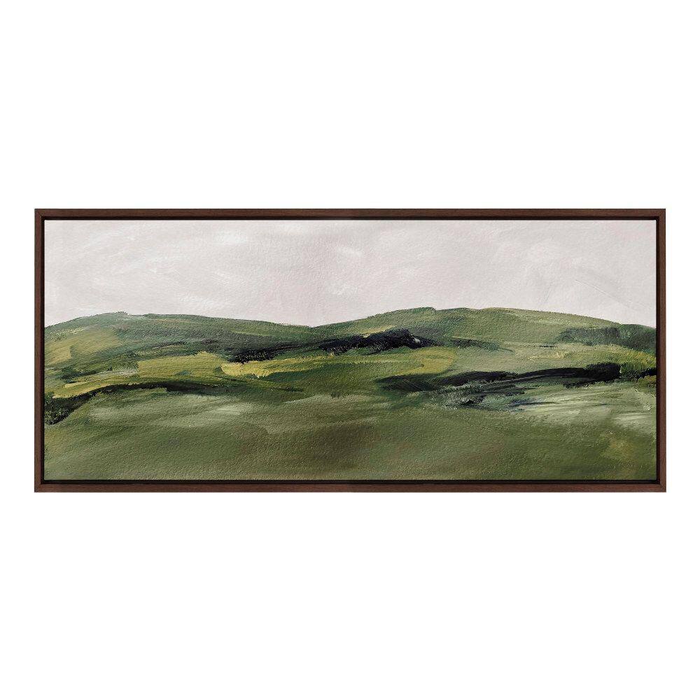 Green Mountain Landscape Watercolor Canvas Print with Brown Frame