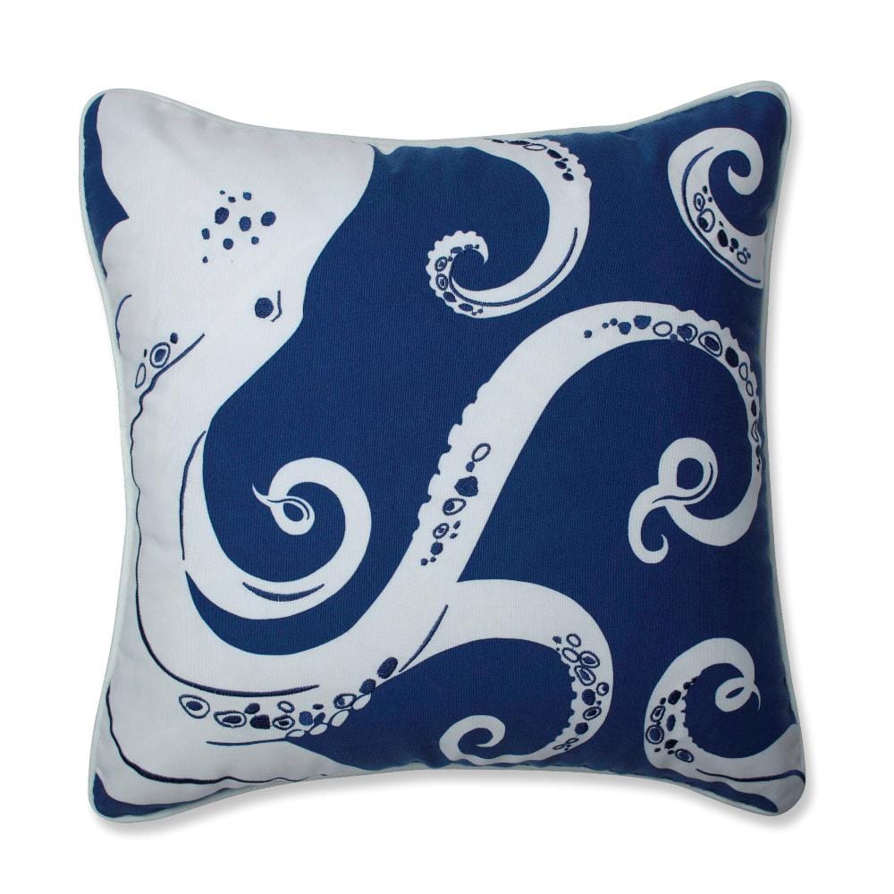 Blue and Off-White Embroidered Octopus Square Throw Pillow