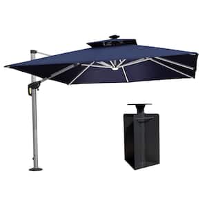10 ft. Square Aluminum Solar Powered LED Patio Cantilever Offset Umbrella with Base in Ground, Navy Blue