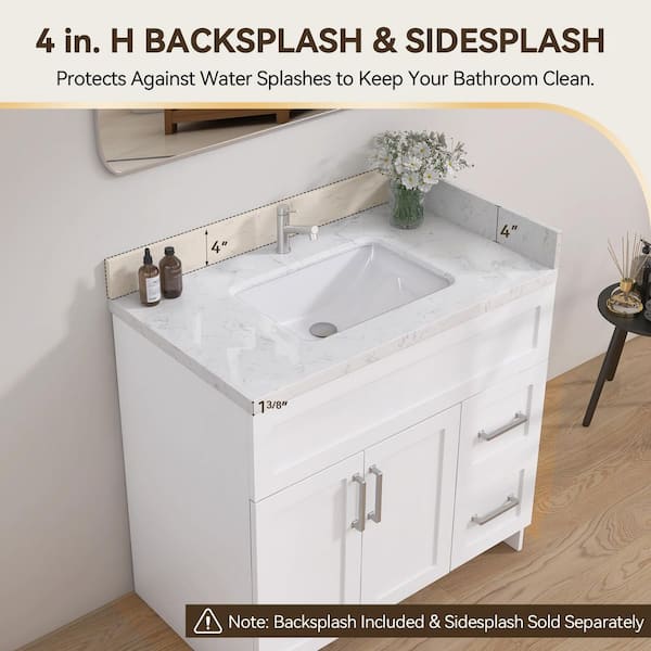 30 in. W x 22 in. D Engineered Stone Rectangular Single Sink Vanity Top in Carrara White With 4 in. H Backsplash