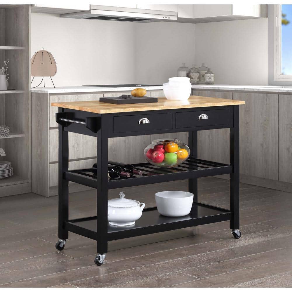 Black and Natural Wood Butcher Block Kitchen Cart with Wine Rack
