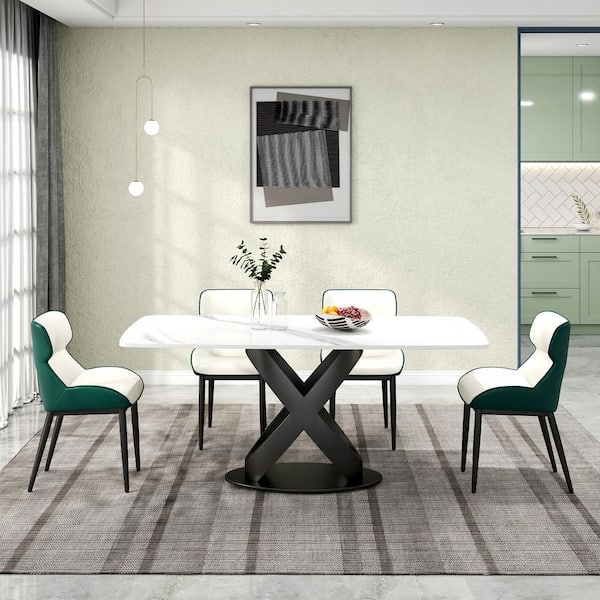 Set of 4 PU Leather Dining Chair Morden Desk Chair with Black Iron Legs in Green