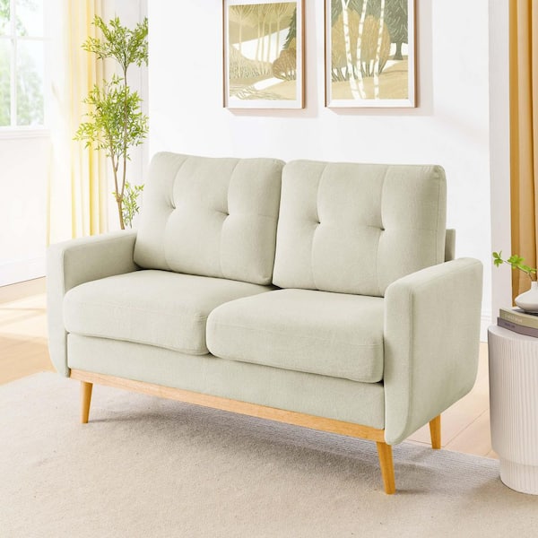 Lowell 67.7 in. Round Arm Polyester Upholstered Rectangle Sofa in White with Tufted Back, Wood Legs, Cream