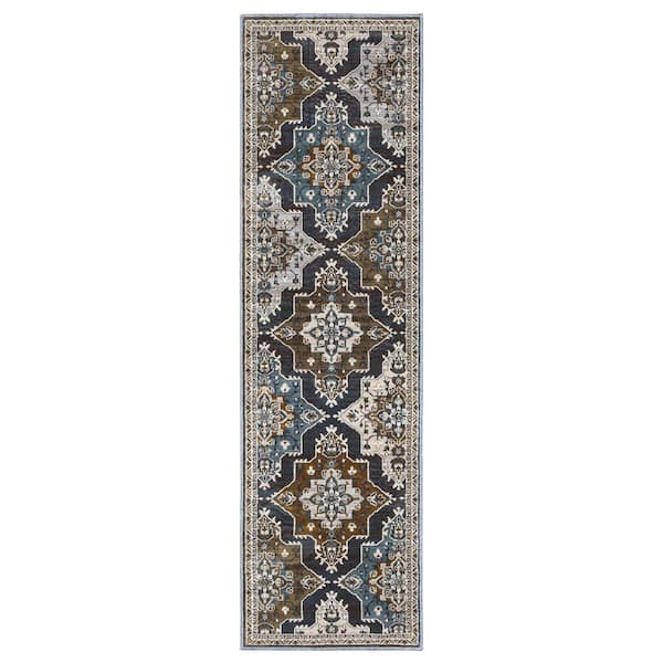 Edgewater Blue/Rust 2 ft. x 8 ft. Geometric Oriental Trefoil Medallion Polyester Indoor Runner Area Rug
