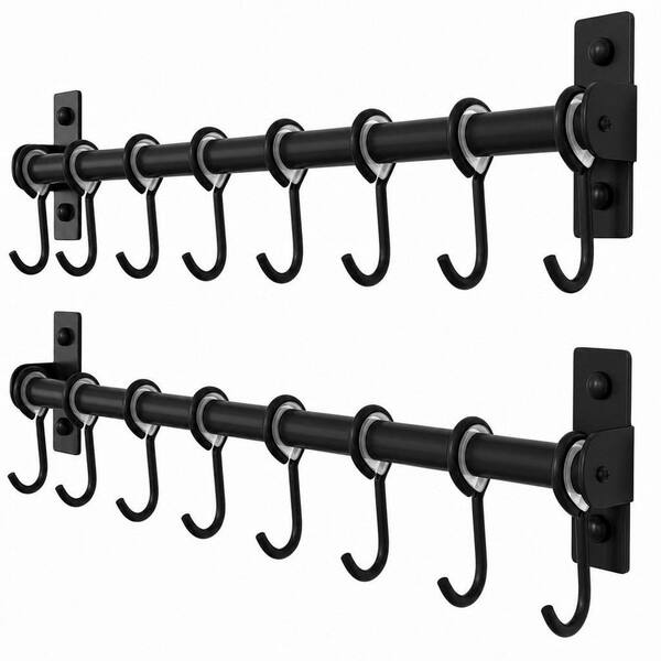 15.75 in. Black Wall Mounted Pot Rack, Kitchen Utensil Hanger Rail with 8-Hooks (2-Pack)