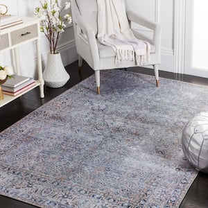 Tuscon Green Blue/Beige Doormat 3 ft. x 5 ft. Machine Washable Distressed Floral Border Area Rug