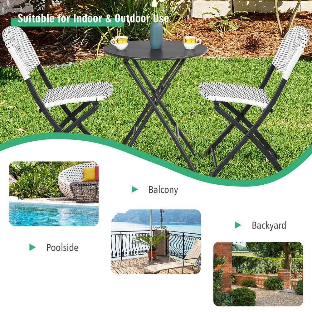 Black and White Rattan Folding Bistro Set with Round Table