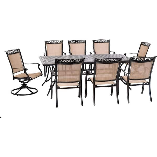 Fontana 9-Piece Aluminum Outdoor Dining Set with 2 Sling Swivel Rockers, 6 Sling Chairs, and Cast-Top Table
