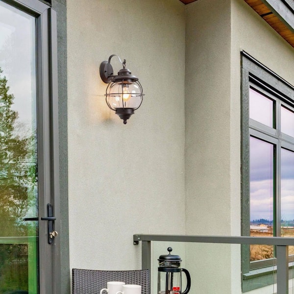1-Light Bronze Industrial Farmhouse Wall Sconce Coastal Interior/Exterior Wall Sconce with Caged Seeded Glass Shade