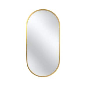 36 in. W x 18 in. H Oval Gold Metal Frame Wall Mounted Mirror with D-Shaped Hooks