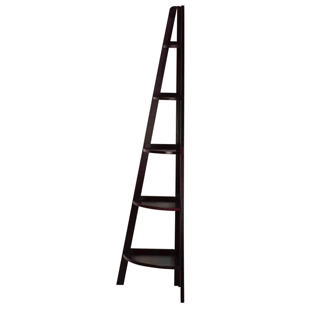 Espresso Solid Wood 5-Tier Corner Ladder Bookcase
