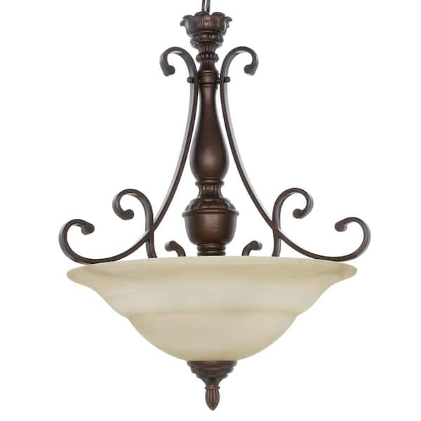 Hampton Bay Carina 3-Light Aged Bronze Pendant with Tea-Stained Glass Shade