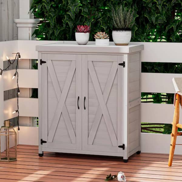 Outdoor 31 in. W x 17 in. D x 36 in. H Gray Wood Outdoor Storage Cabinet with Storage Cabinet and Metal Table Top