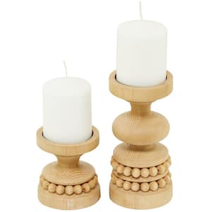 Brown Wood Beaded Pillar Candle Holder (Set of 2)