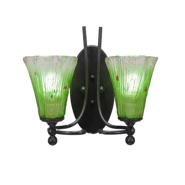 Cambridge 2-Light Dark Granite Sconce with Fluted Kiwi Green Ribbed Glass