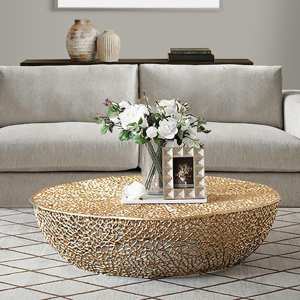 Benjara 45 in Bronze Bown Drum Shape Aluminium Coffee Table with Netted Mesh Design