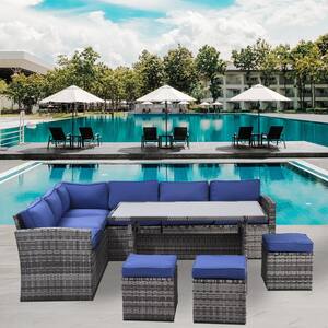Gray 7-Piece Metal Outdoor Patio Conversation Set with Dark Blue Removable Cushions, Dining Table and Ottomans