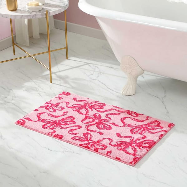 Ballet Bows 1-Piece Pink Plush Polyester 30 x 20 Bath Rug