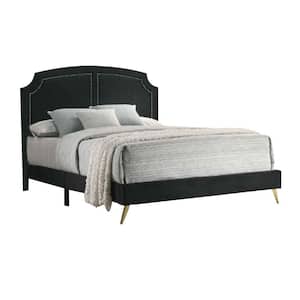 Black and Gold Wooden Frame King Platform Bed with Padded Headboard