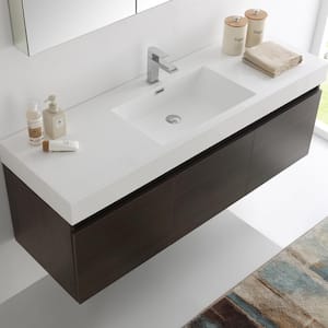 Mezzo 59 in. Vanity in Gray Oak with Acrylic Vanity Top in White with White Basin and Mirrored Medicine Cabinet