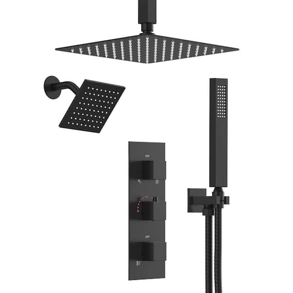 Rainspire 5-Spray 12 in. and 6 in. Ceiling Mount Square High Pressure Shower System with Valve in Matte Black