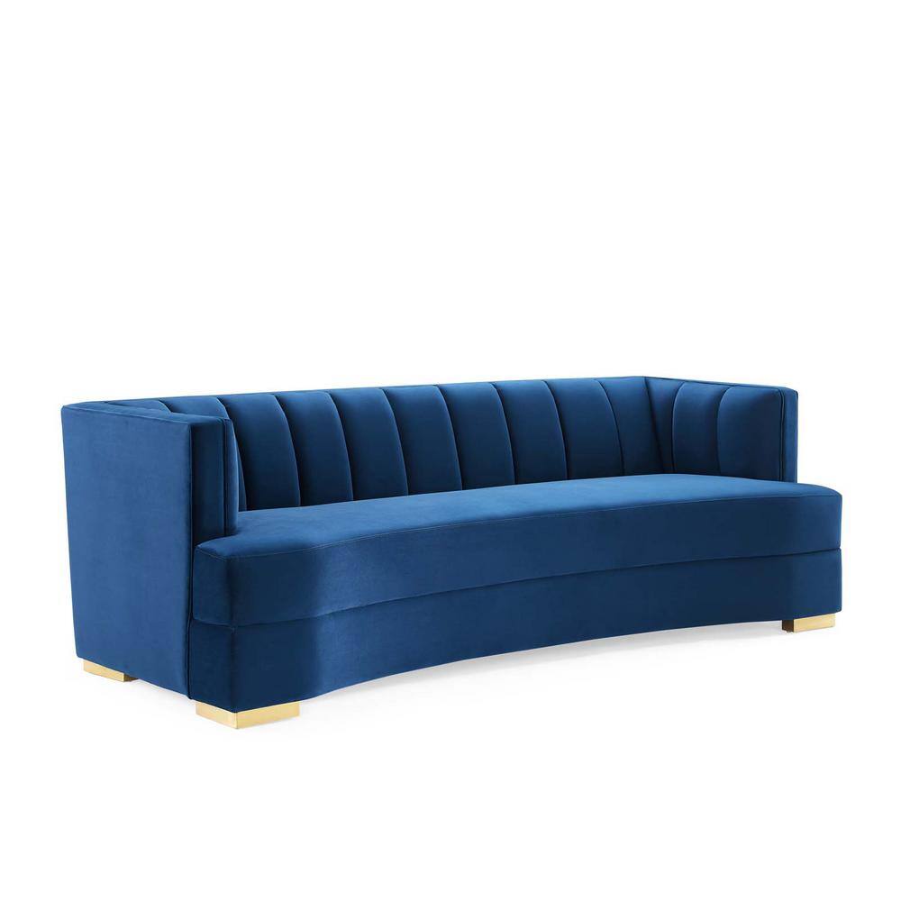 Navy Tufted Velvet Tuxedo Arm Sofa with Wood Legs