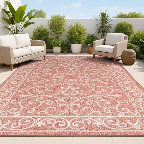 Charleston Vintage Filigree Textured Weave Red/Beige 9 ft. x 12 ft. Indoor/Outdoor Area Rug