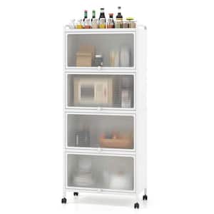 White 4-Shelf Metal 23.5 in. W Kitchen Baker's Rack Storage Cabinet Mobile Microwave Stand Flip-up Doors