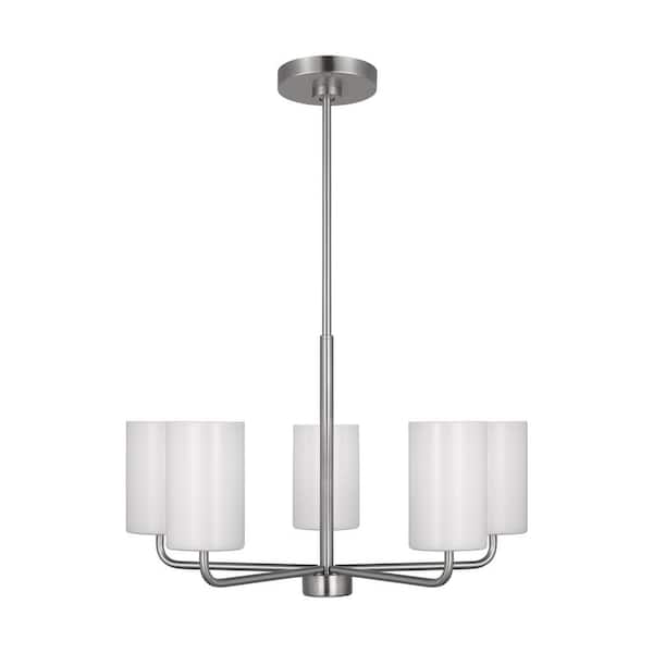 Generation Lighting Rhett 5-Light Brushed Steel Medium Chandelier with Clear/White Glass Shades, No Bulbs Included