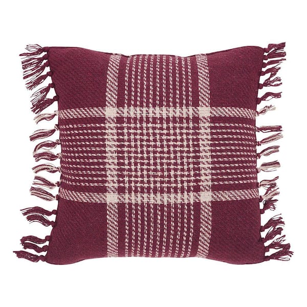 Eston Burgundy Tan Plaid Cotton Filled 12 in. X 12 in. Throw Pillow