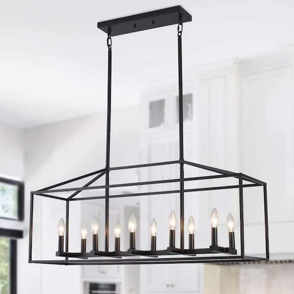 38 in. 10-Light Black Rectangle Candle Chandelier Industrial Linear Dimmable Pendant for Dining Room, No Bulbs Included
