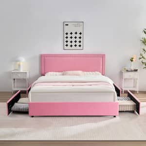 Platform Bed Frame Pink Metal Frame Queen Size Platform Bed with 4-Storage Drawers, Upholstered Bed with Headboard
