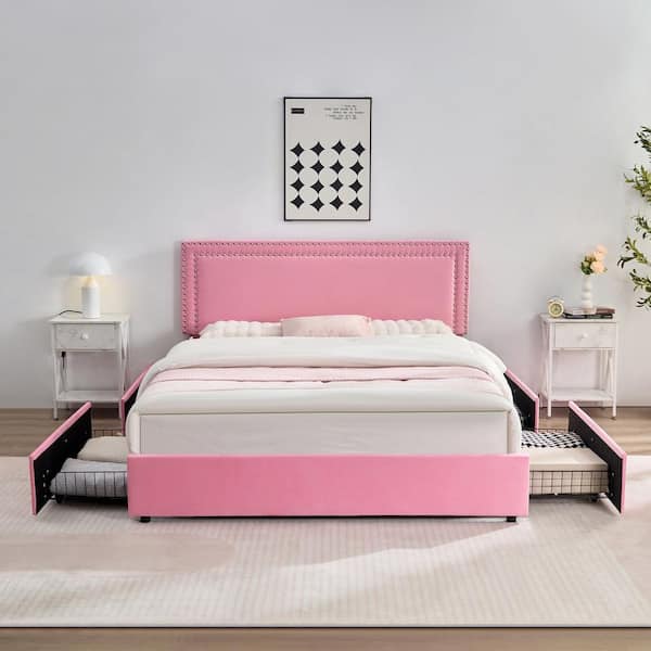 VECELO Platform Bed Frame Pink Metal Frame Queen Size Platform Bed with 4-Storage Drawers, Upholstered Bed with Headboard