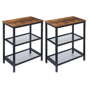3 Tier End Table, Storage Rack with Open Shelves, Brown Side Table with Rectangle shelf，13.8"W x 23.6"D x 30"H，Set of 2