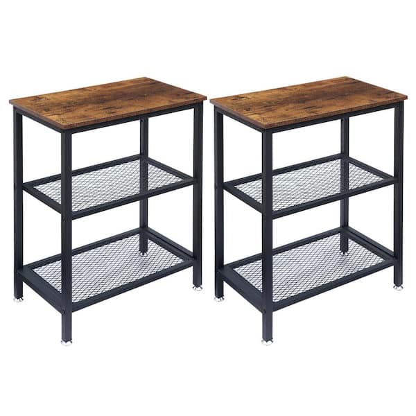 VECELO 3 Tier End Table, Storage Rack with Open Shelves, Brown Side Table with Rectangle shelf，13.8"W x 23.6"D x 30"H，Set of 2