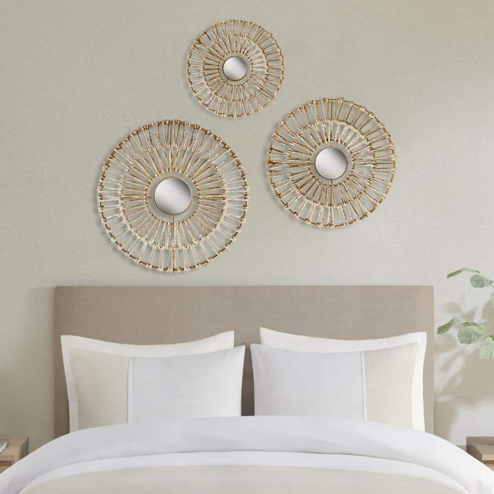 Gold Corn Husk Wrapped Round Decorative Mirror Set