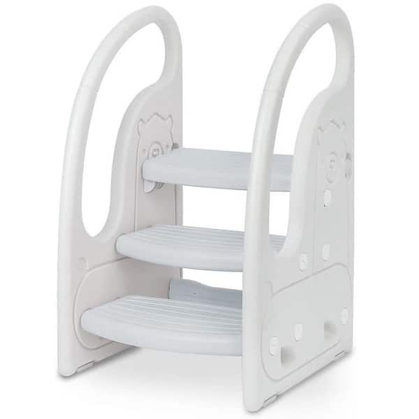 2 ft. Reach Toddler 3-Step Stool Standing Tower Plastic Learning Helper for Kitchen Bathroom Potty Training Grey White