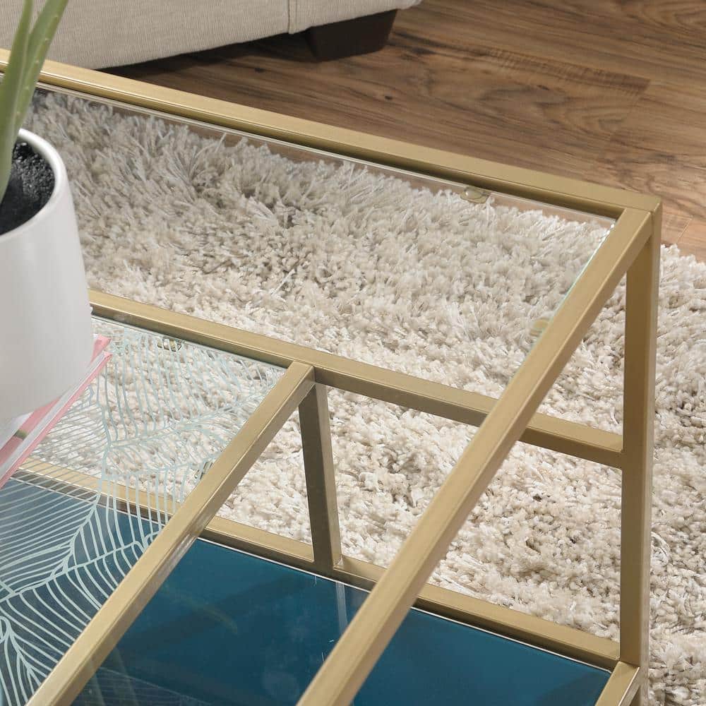 Satin Gold Square Coastal Glass Coffee Table with Abstract Shelves