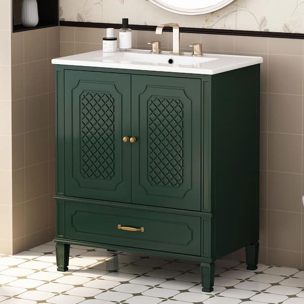 DELUXE DL LIVING Karin 30 in. Single Sink Multi-Functional Vintage Freestanding Dark Green Bath Vanity with White Ceramic Top Unassembled