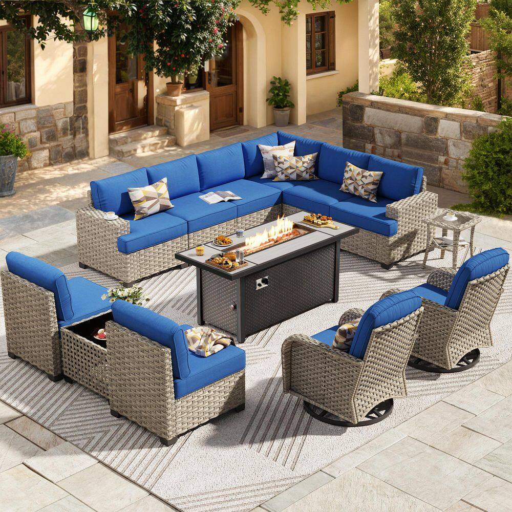 Tiberte Gray 13-Piece Wicker Patio 54 in. Rectangle Fire Pit Conversation Set with Navy Blue Cushions and Swivel Chairs price history on PriceWatchPro