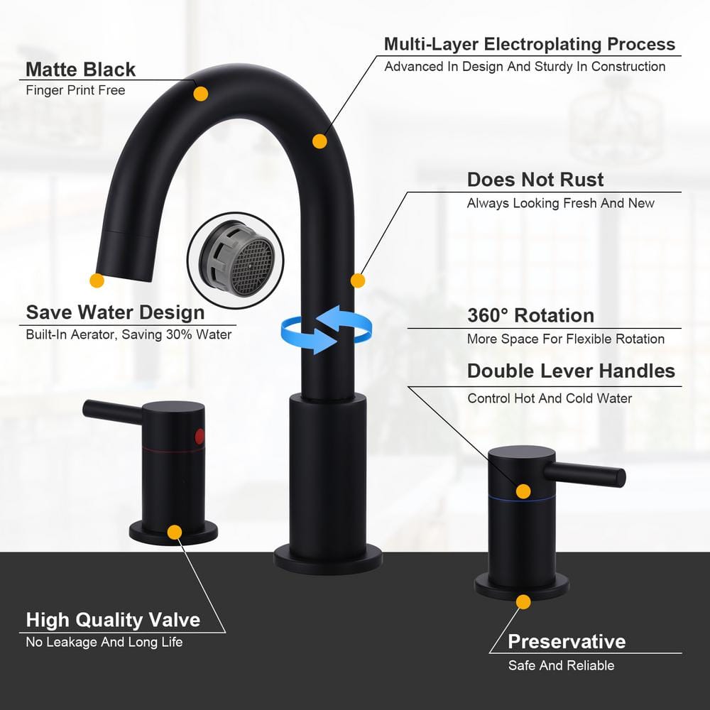 Matte Black 8-Inch Widespread Double Handle Bathroom Faucet