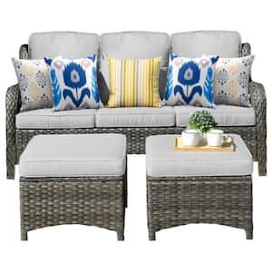 Joyoung Gray 3-Piece Wicker Outdoor Patio Sectional Conversation Seating Set with Gray Cushions