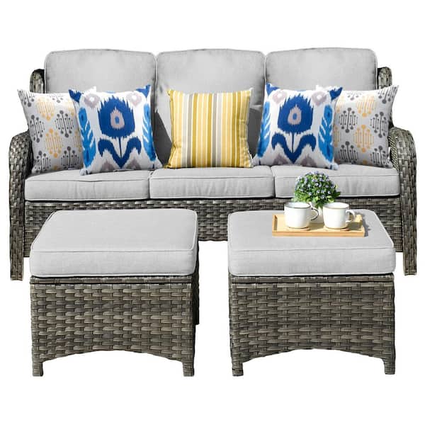 OVIOS Joyoung Gray 3-Piece Wicker Outdoor Patio Sectional Conversation Seating Set with Gray Cushions