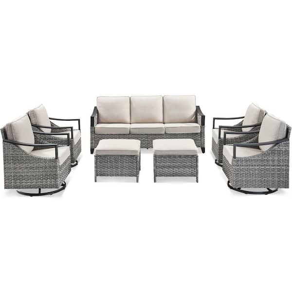 Buenaola 7-Piece Metal and Wicker Patio Conversation Set w/ Swivel Chairs Outdoor Deep Seating Sofa Set with Beige Cushions