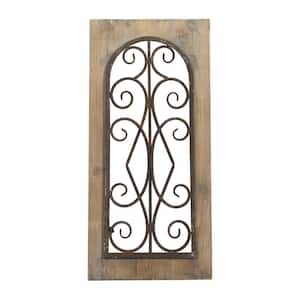 11 in. x  23 in. Wood Brown Window Inspired Scroll Wall Decor with Metal Scrollwork Relief